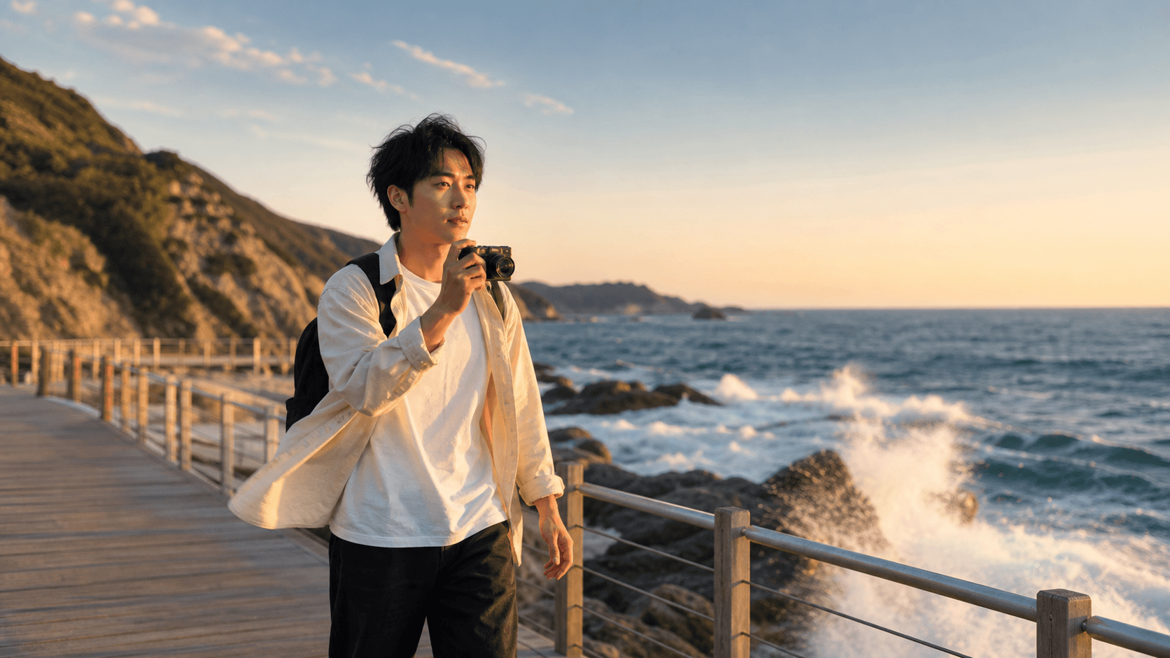 海边步道上的短视频创作画面预览